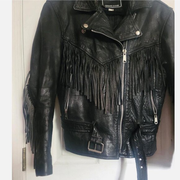 VTG Women’s Black Fringed Leather Heavy Biker Motorcycle Jacket Size S Hudson - Picture 3 of 14